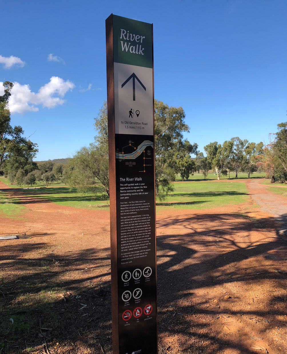 Wayfinding and interpretive signage for the river walk at New Norcia in Western Australia. Designed by Axiom Design Partners