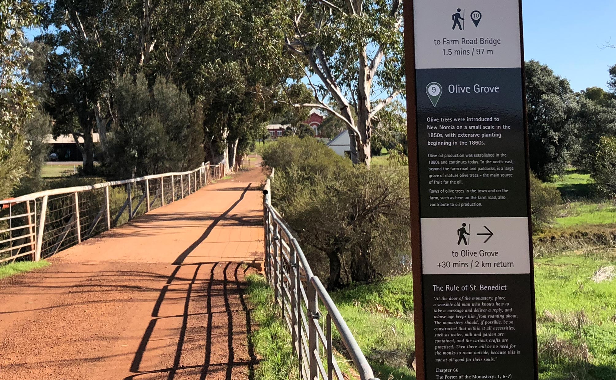 Wayfinding and interpretive signage for the river walk at New Norcia in Western Australia. Designed by Axiom Design Partners