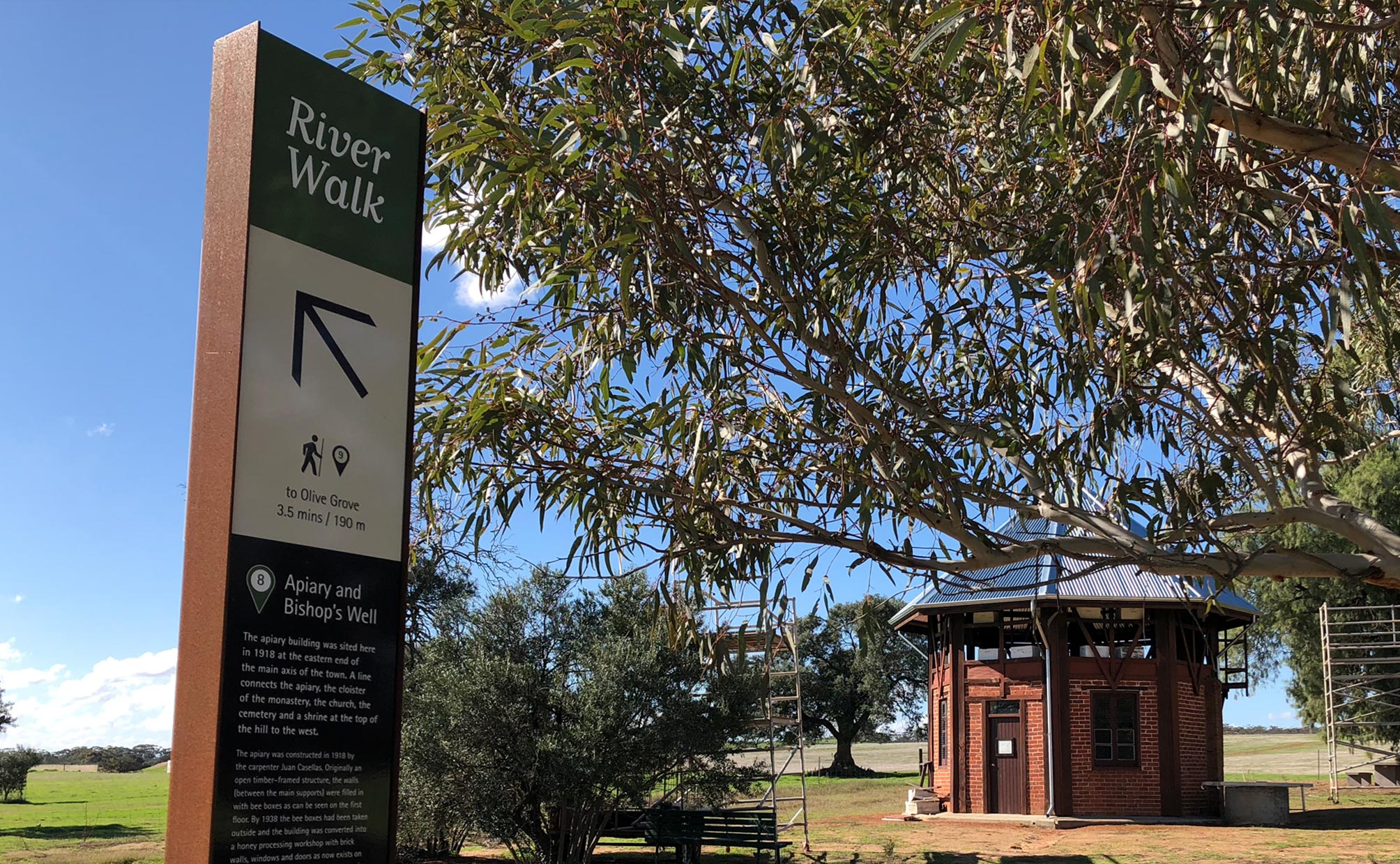 Wayfinding and interpretive signage for the river walk at New Norcia in Western Australia. Designed by Axiom Design Partners