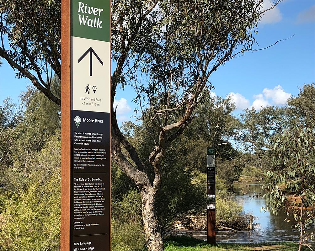 Wayfinding and interpretive signage for the river walk at New Norcia in Western Australia. Designed by Axiom Design Partners